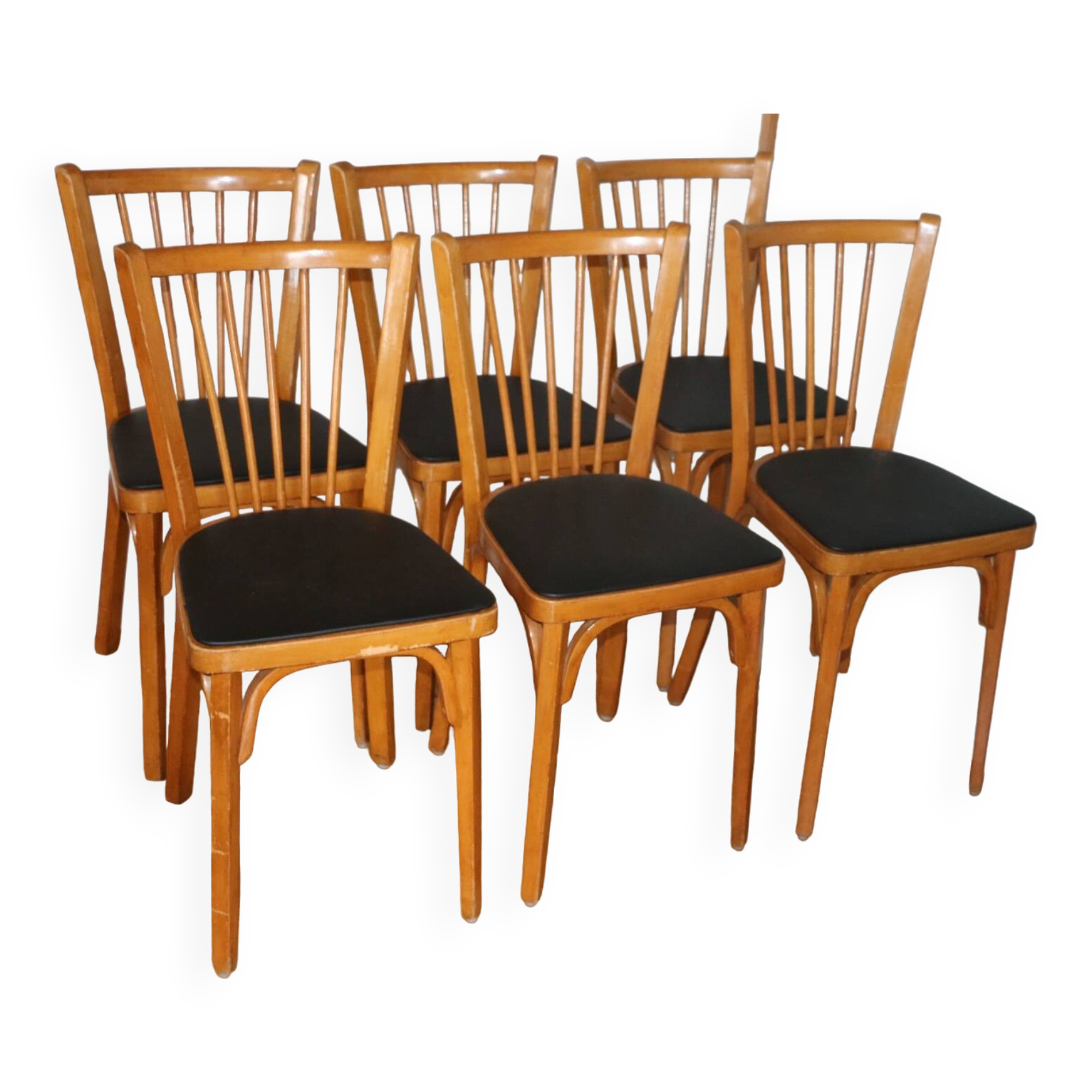 6 chaises BAUMANN N°12 skaï noir hêtre clair