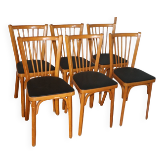 6 BAUMANN N°12 chairs in black skai and light beech