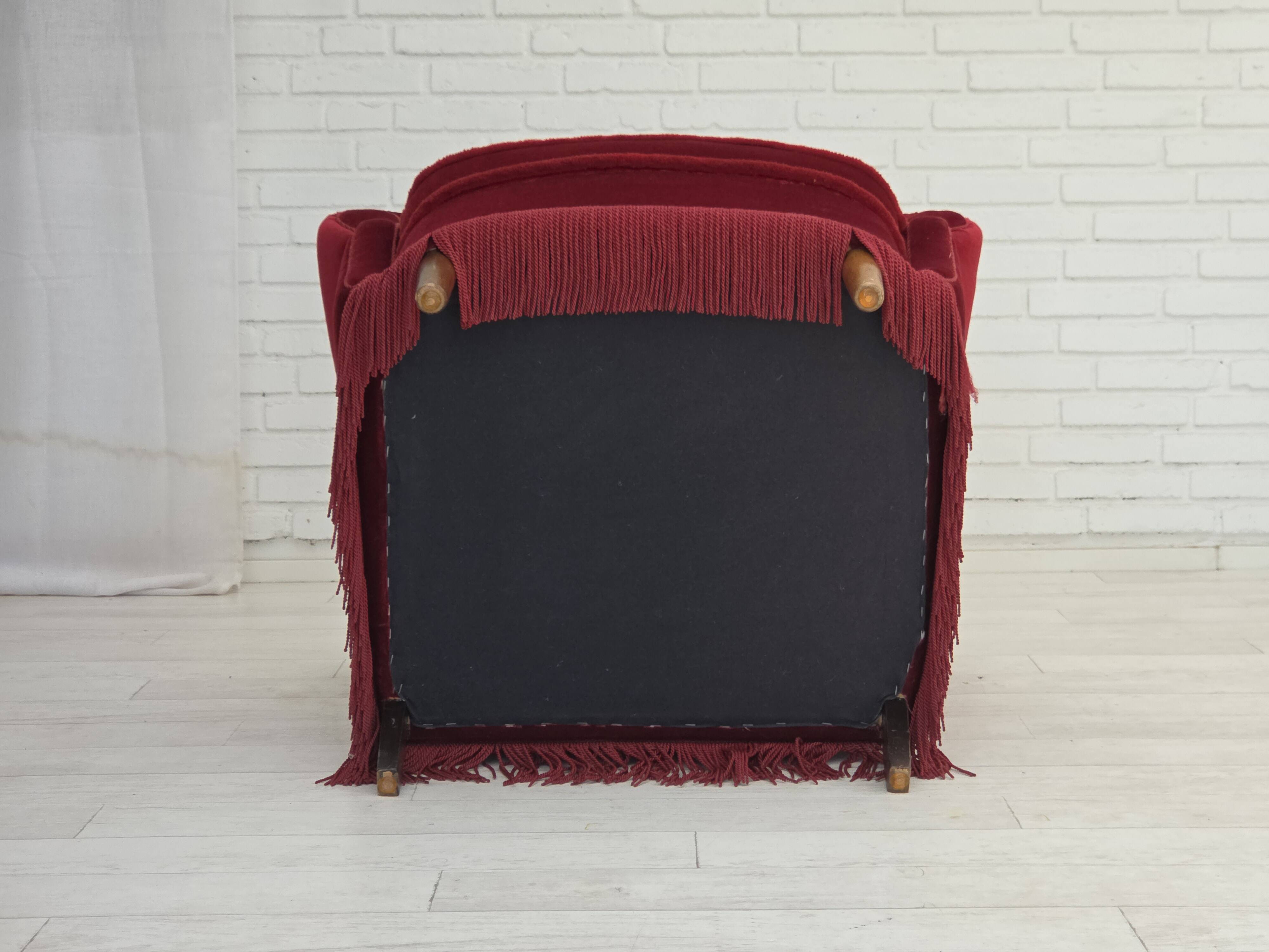 1960s, Danish armchair, red furniture velour, beech wood legs.