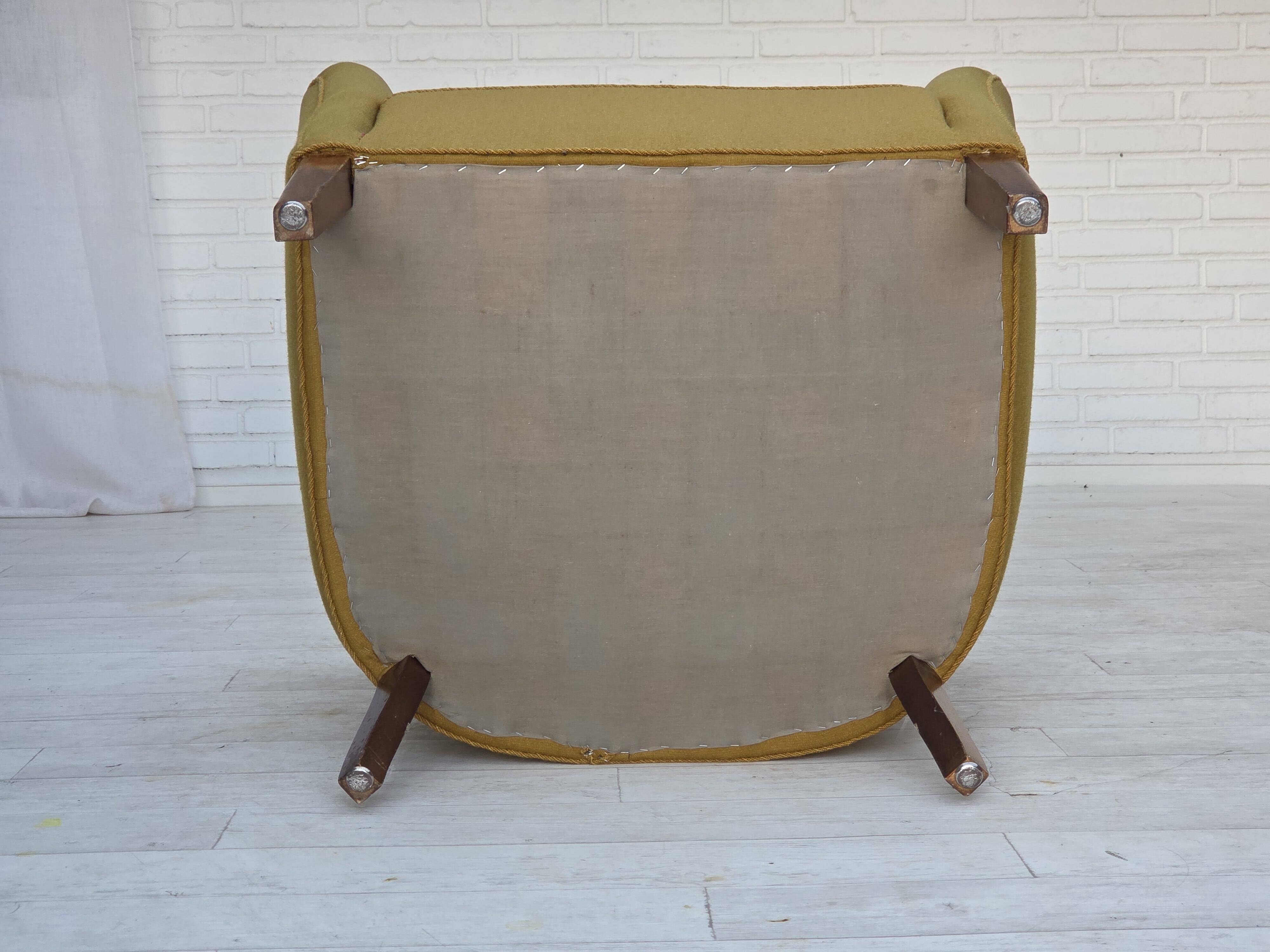 1960s, pair of Danish armchairs, green furniture wool, ash wood legs.