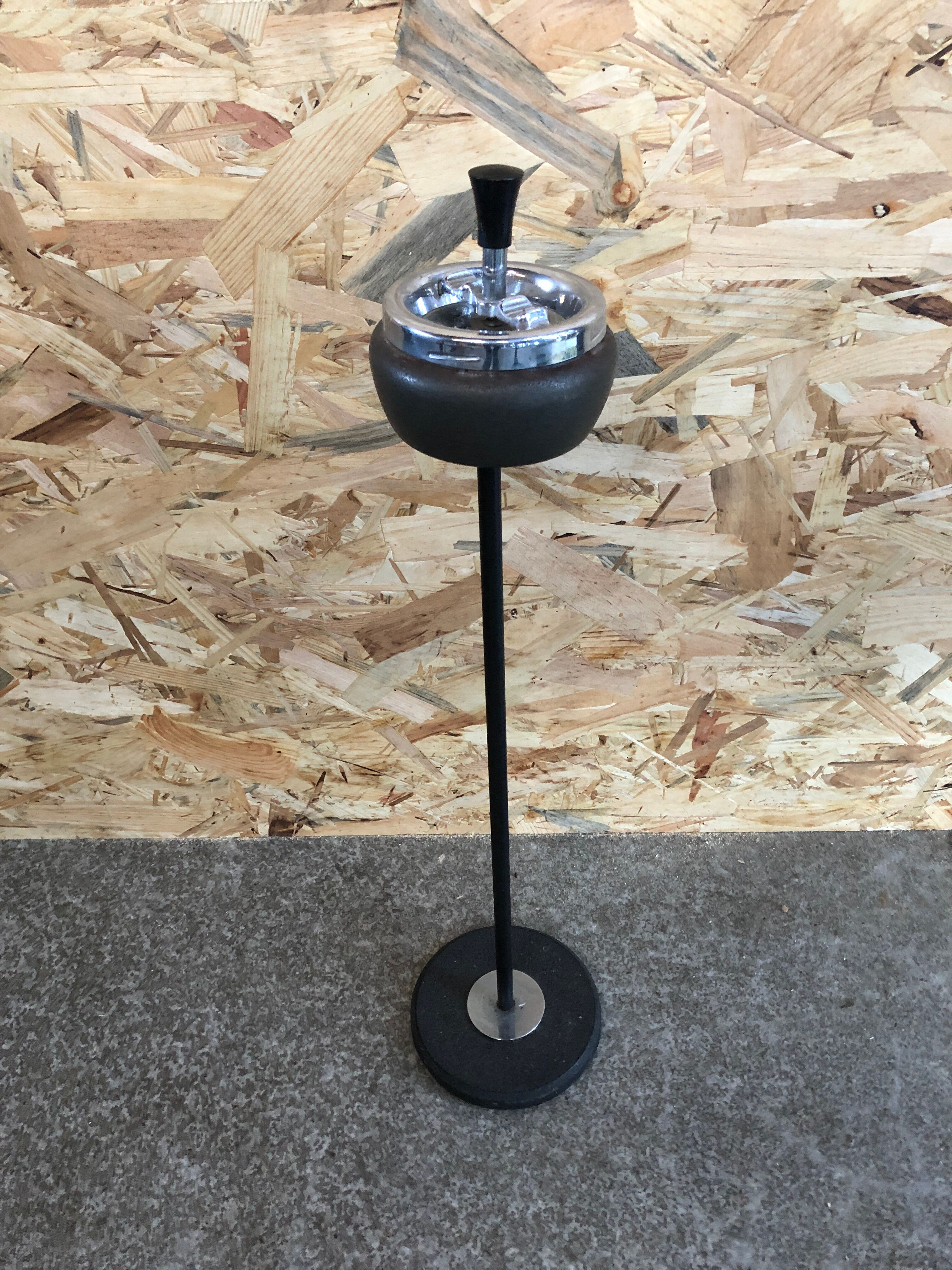 Old Ashtray On Foot Metal Black + Ashtray Chrome 70s Vintage