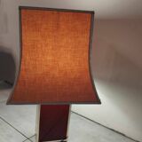 70s table lamp with Chinese decor and pagoda lampshade.