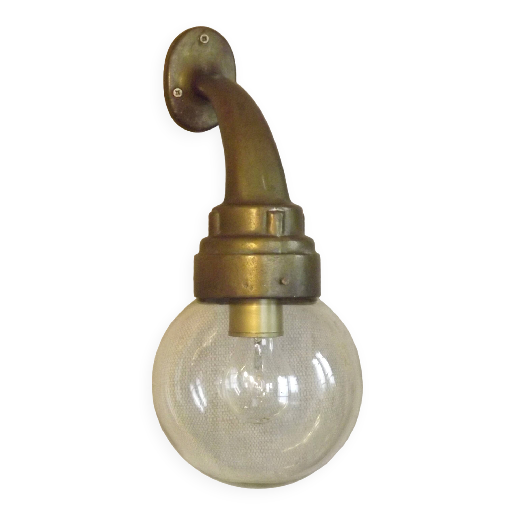 Old French Heavy Cast Bronze Marine Nautical Wall Light Glass Ball Shade 5101