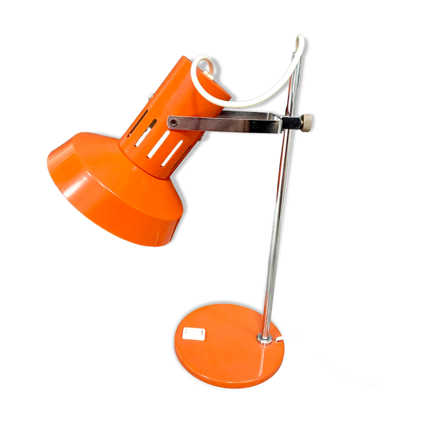 Orange lacquered metal and chrome desk lamp, circa 1970