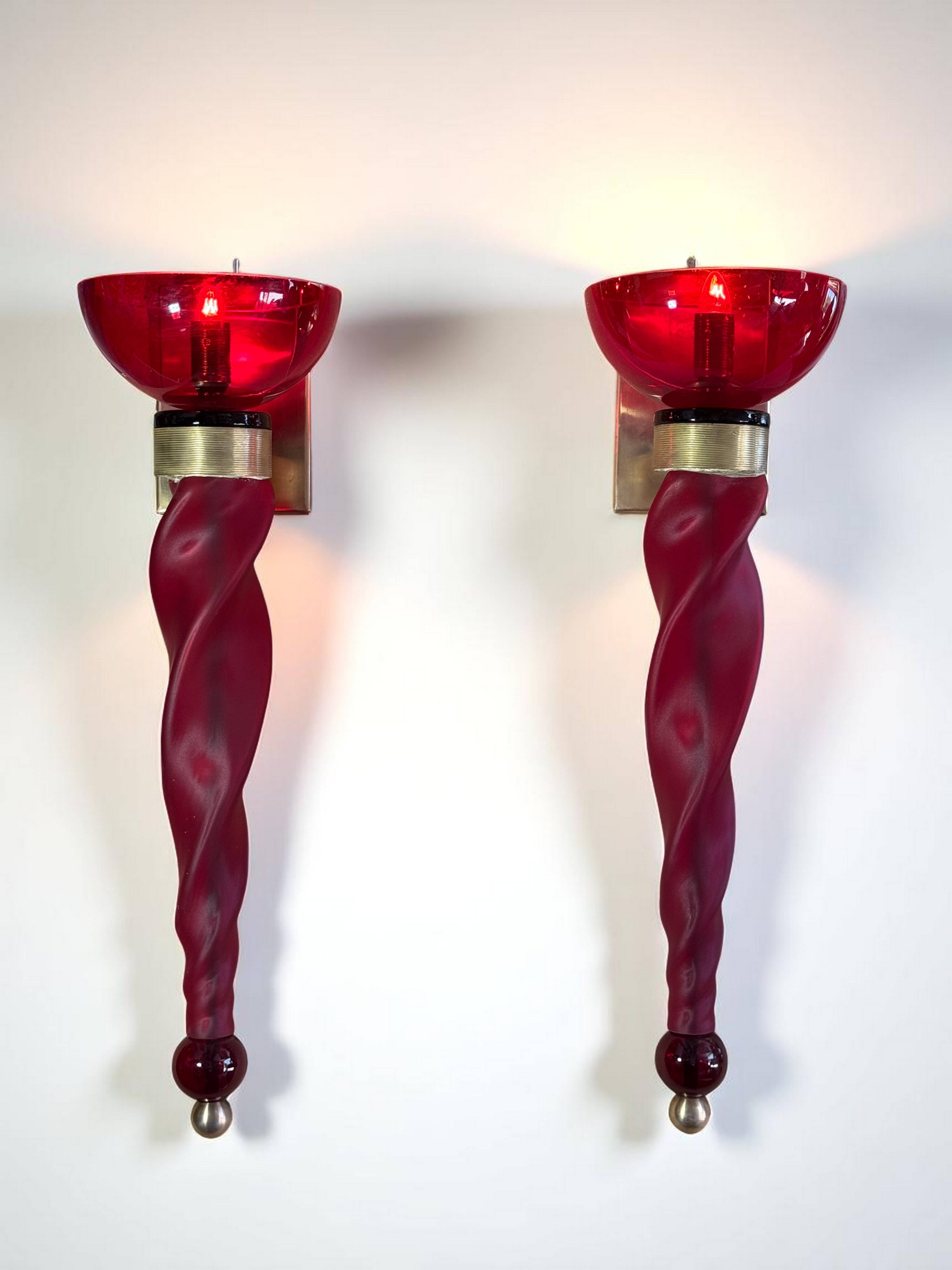 Pair of 62 cm murano torchere wall lights in red tinted glass and brass