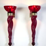 Pair of 62 cm murano torchere wall lights in red tinted glass and brass