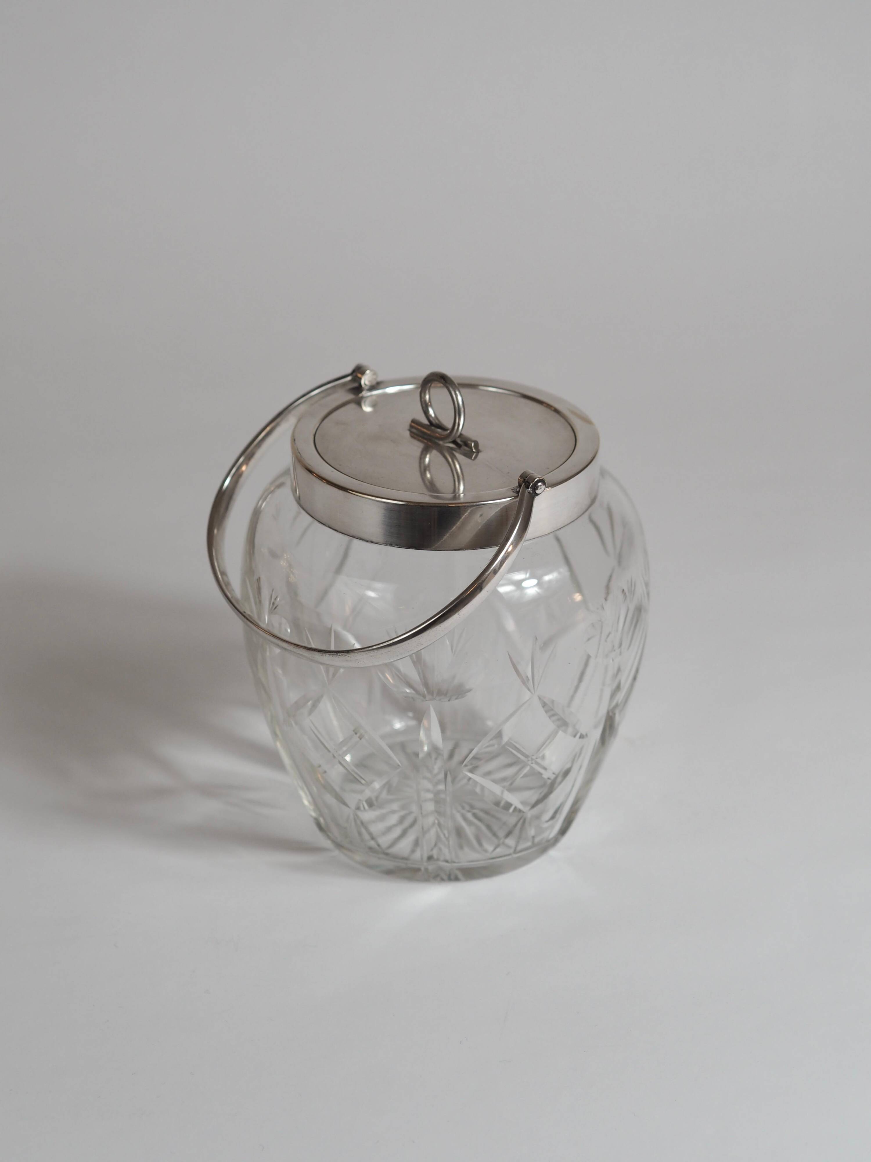 Crystal biscuit barrel with silver-plated mounts and handle, Austrian cut, 1920s.