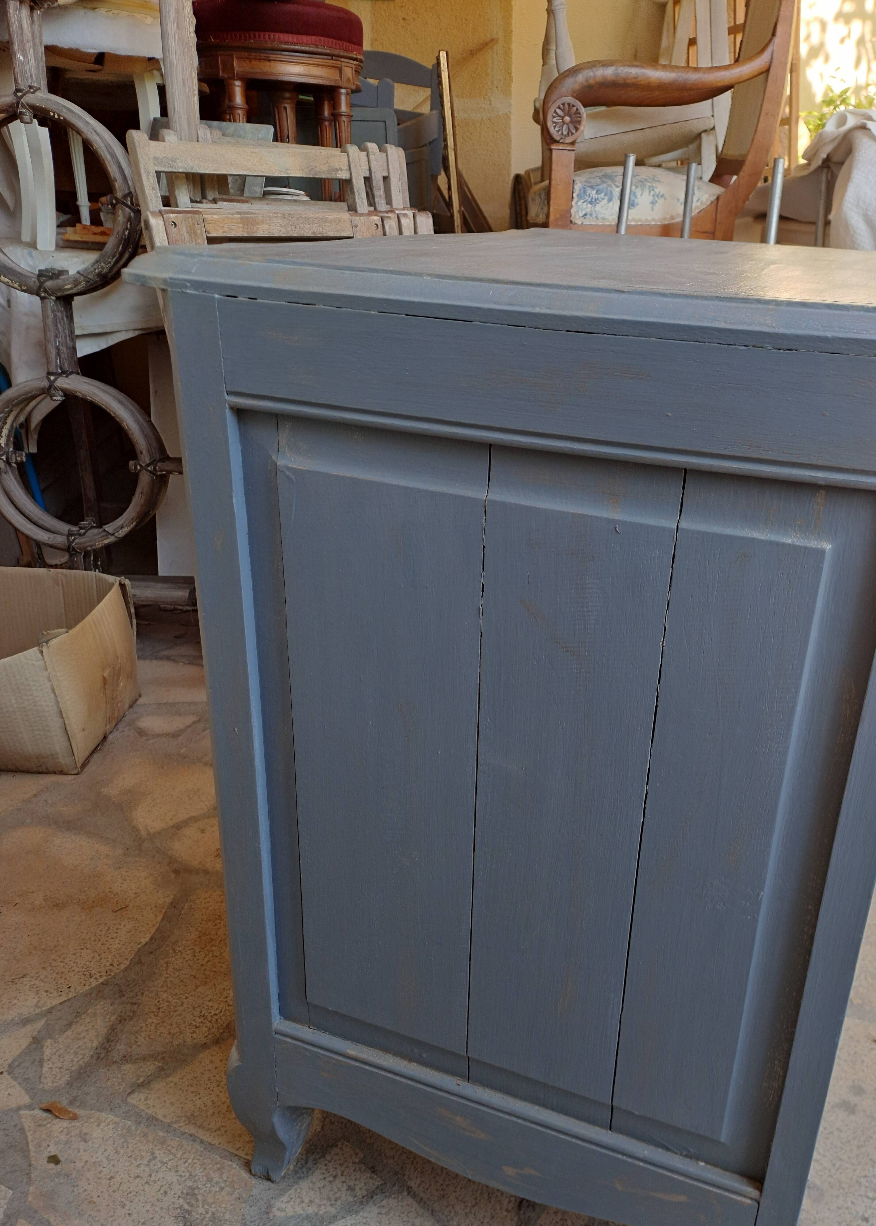 Solid wood chest of drawers painted gray and patinated silver 1940 with 3 drawers