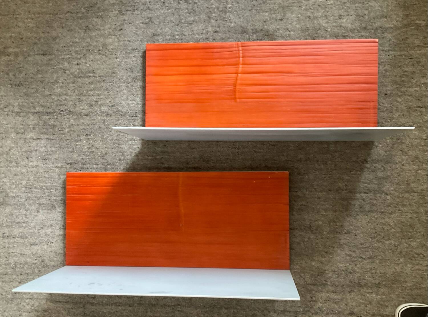 Pair of contemporary wall shelves in steel and stained wood