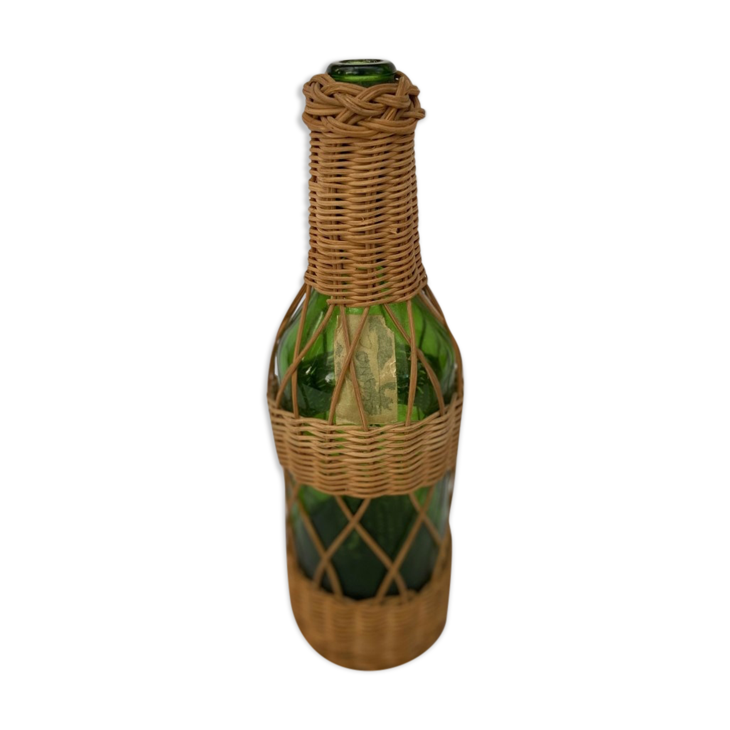 Green bottle with wicker decoration