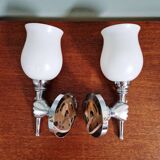 Pair of wall lights in chromed metal and white satin glass, 1960