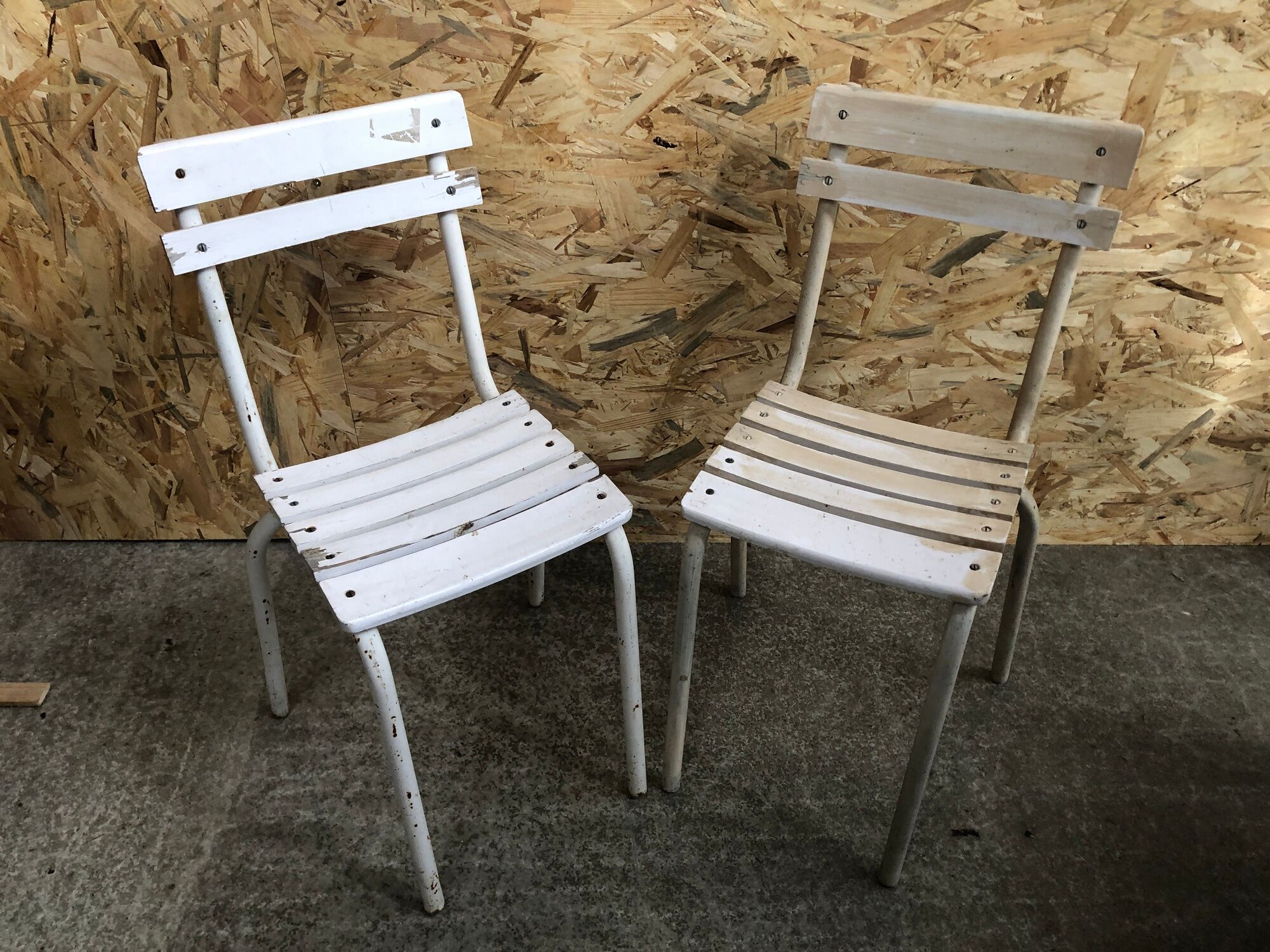 Pair Old Garden Chair Metal Structure + Vintage White Wood Slats