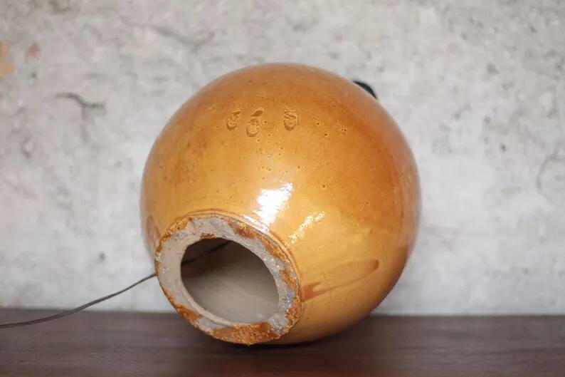 Large glazed terracotta lamp, signed globe lamp, vintage lamp, table lamp, living room lamp, interior decoration.