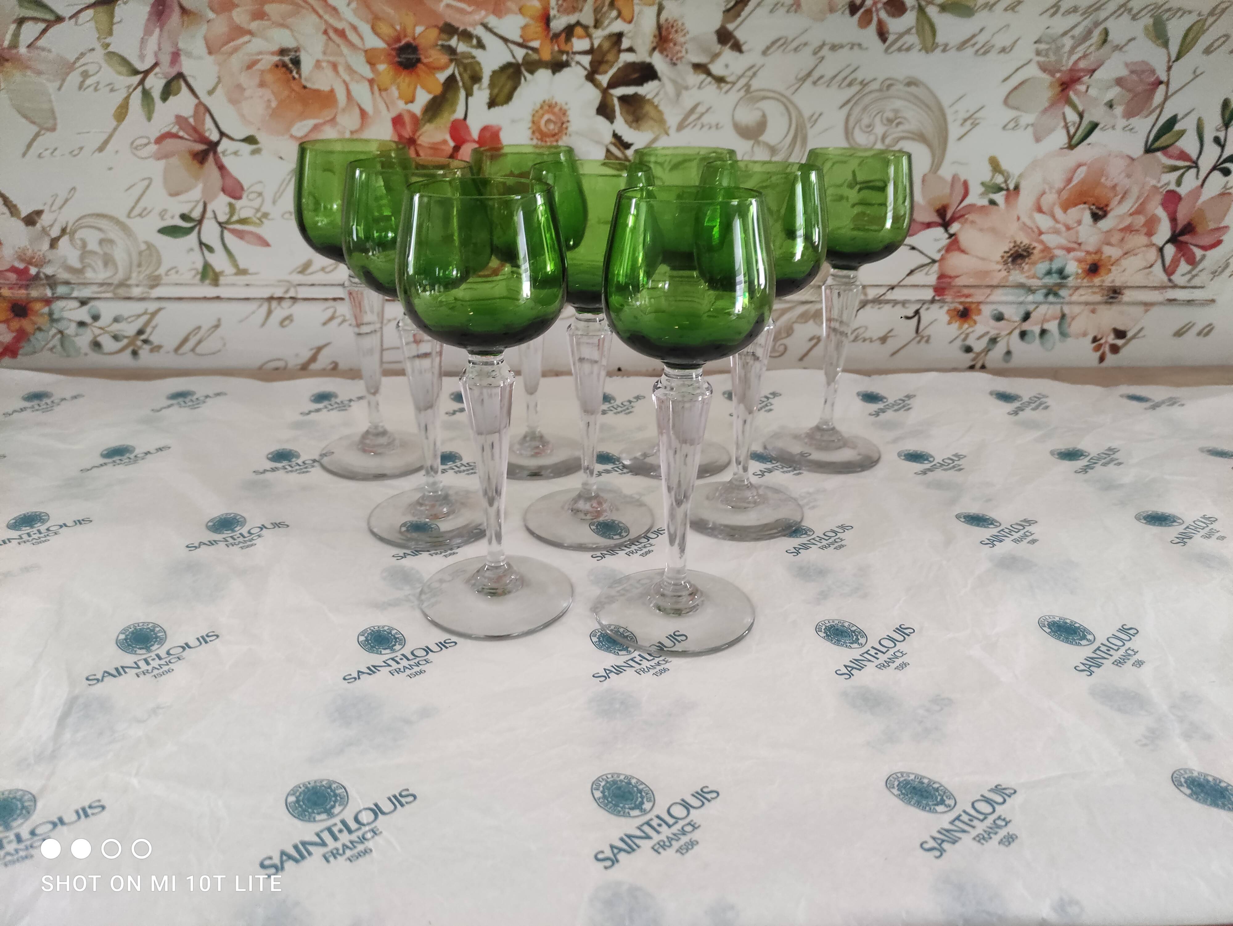 Set of 9 unstamped Saint-Louis wine glasses drinking Chartreuse green