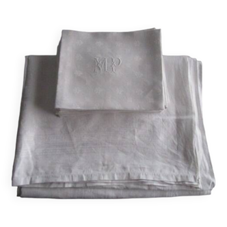 Grande nappe ancienne damassée-monogrammée 340x200cm+12 serviettes