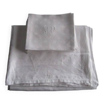 Large old damask-monogrammed tablecloth 340x200cm + 12 napkins