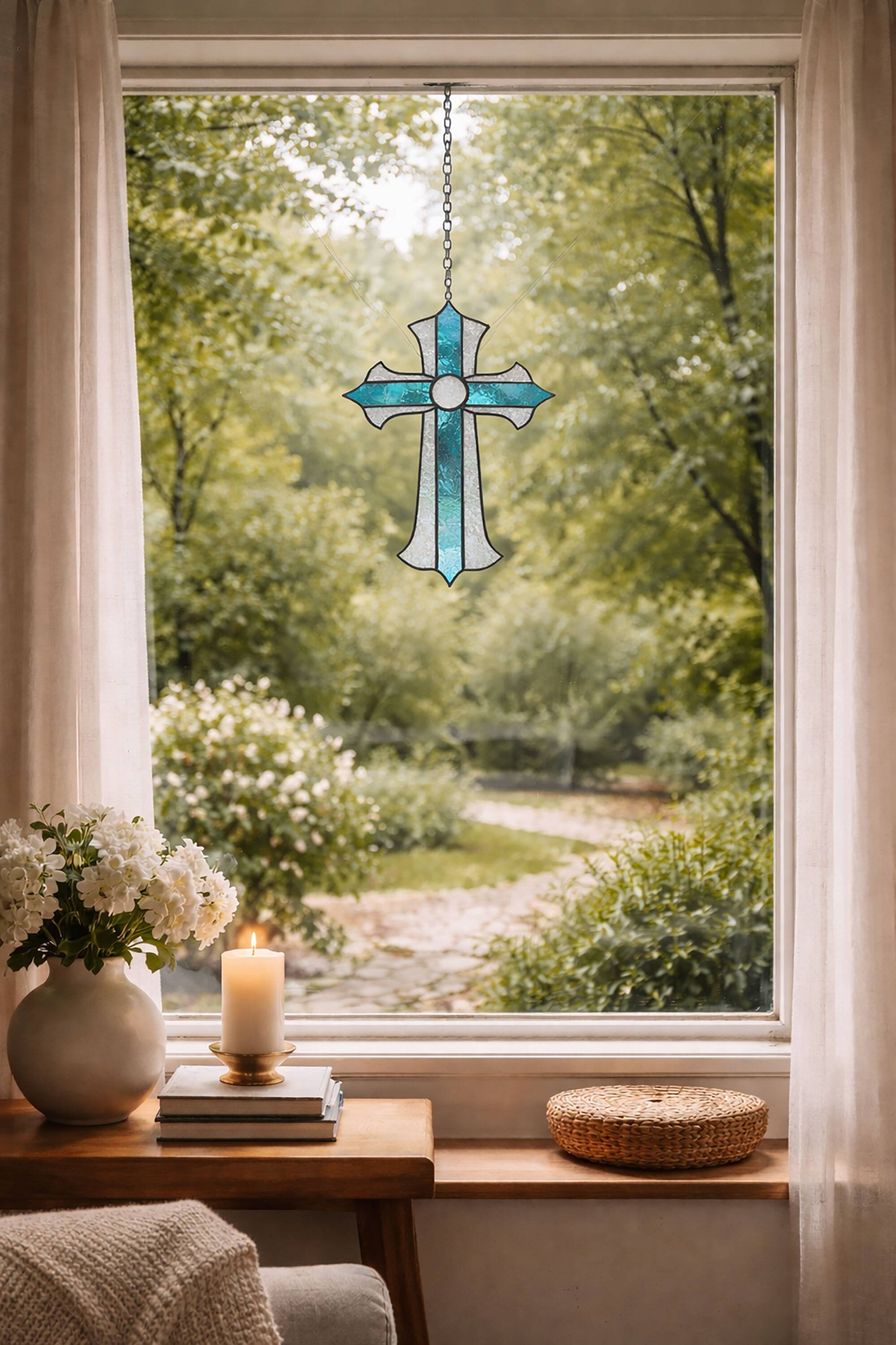 Croix en vitrail – Style Tiffany fait main, décoration murale