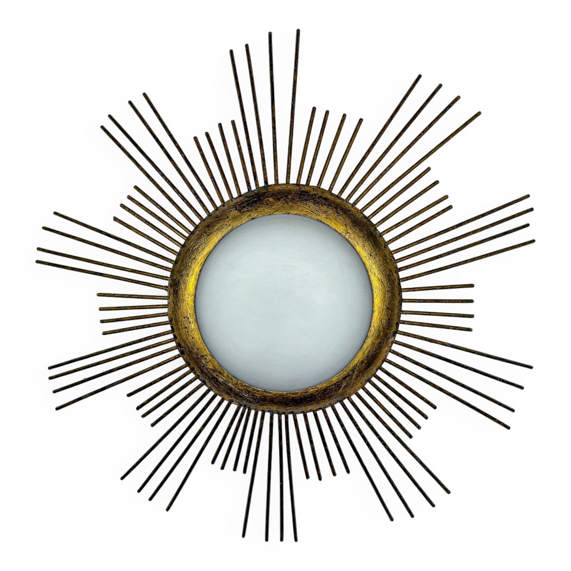 Large sunburst brutalist ceiling flush mount or pendant – gilt iron rays & opaline, France, 1950s