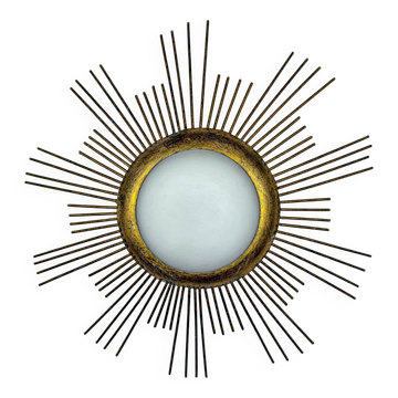 Large sunburst brutalist ceiling flush mount or pendant – gilt iron rays & opaline, France, 1950s