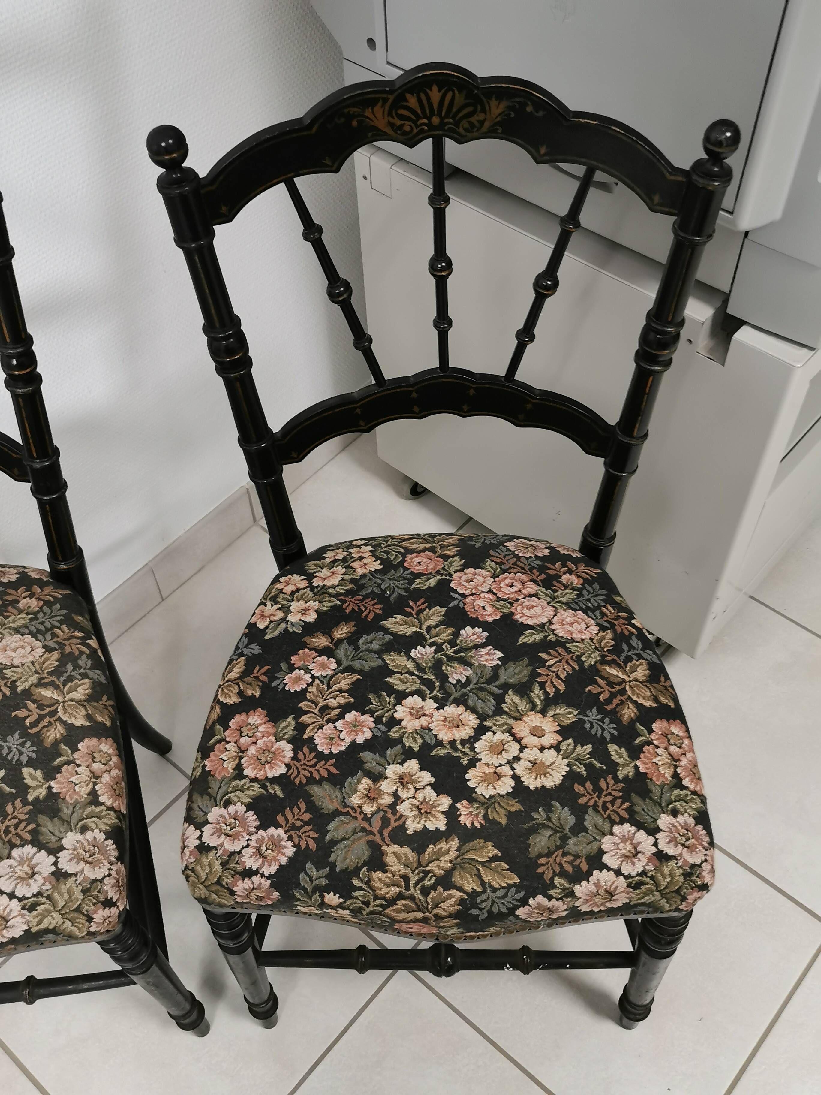 Pair of antique chairs, Napoleon III, blackened wood, reupholstered