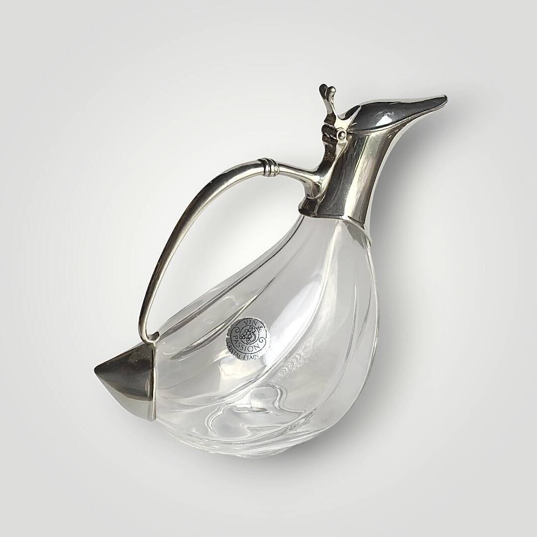 Carafe canard vintage en cristal et métal chromé