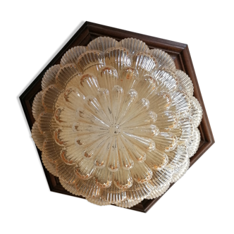 Applique globe fleur en verre moulé, bois vintage années 60
