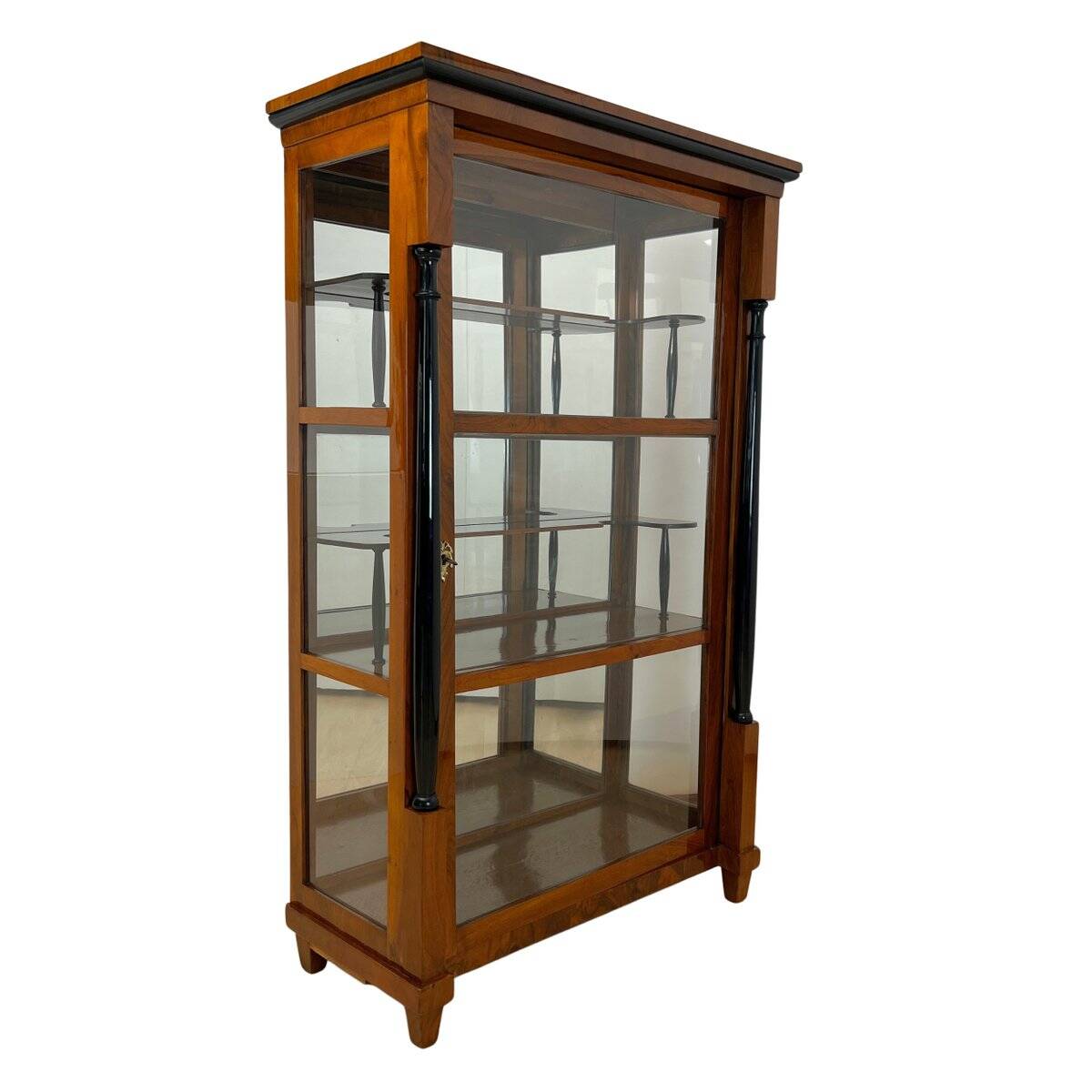 Biedermeier Vitrine in Walnut & Brass with Three Sides Glazed, South Germany, 1830