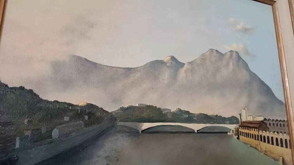 Oil painting on canvas board, 1950s, signed NAVA, lake, river.
