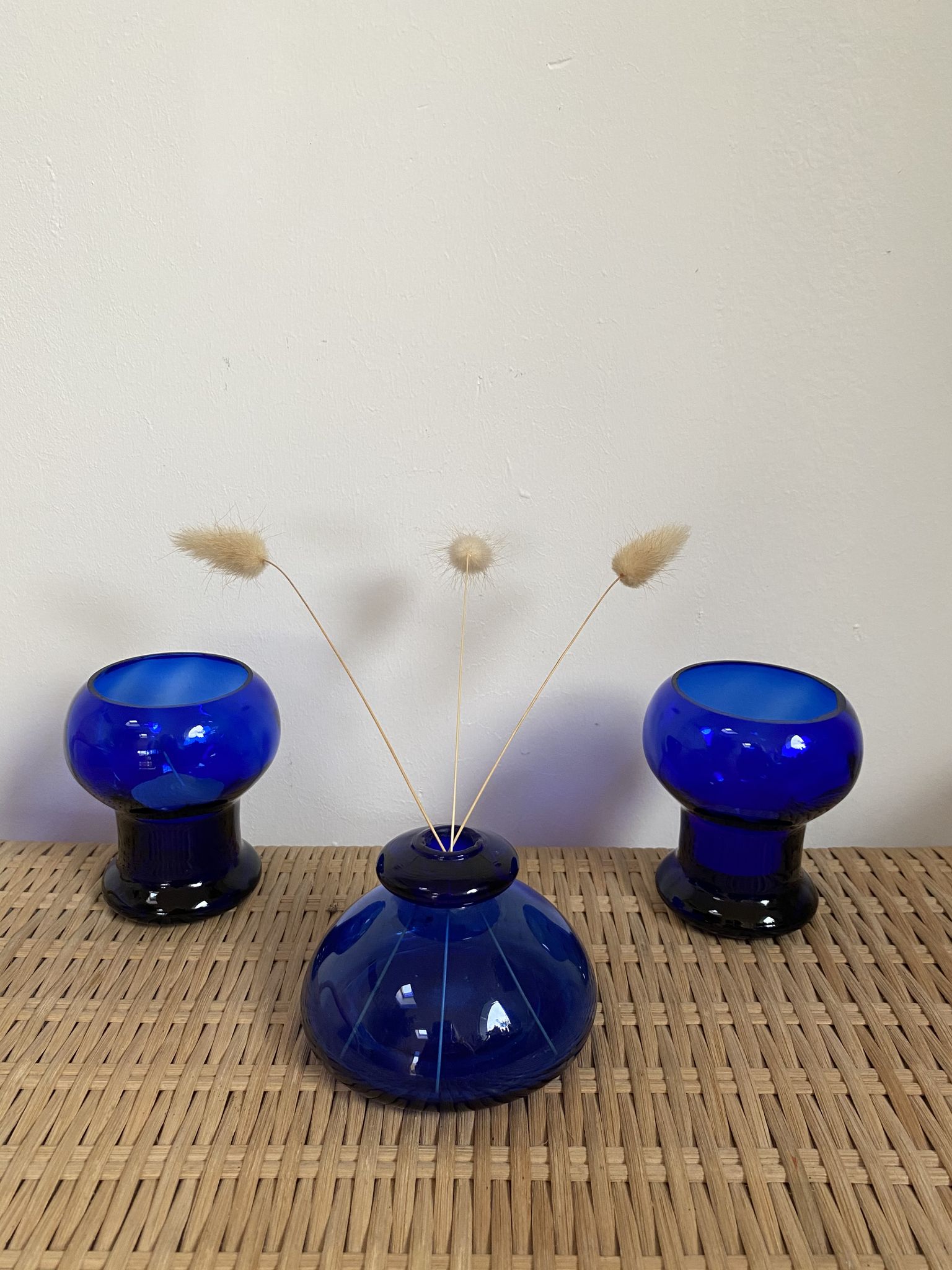 Duo of cobalt blue glass candlestick photophores