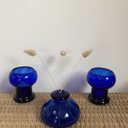 Duo of cobalt blue glass candlestick photophores