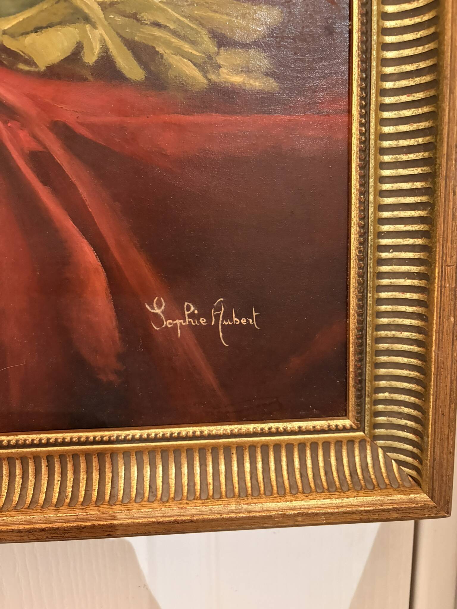 Old painting still life feather violin book lamp flowers