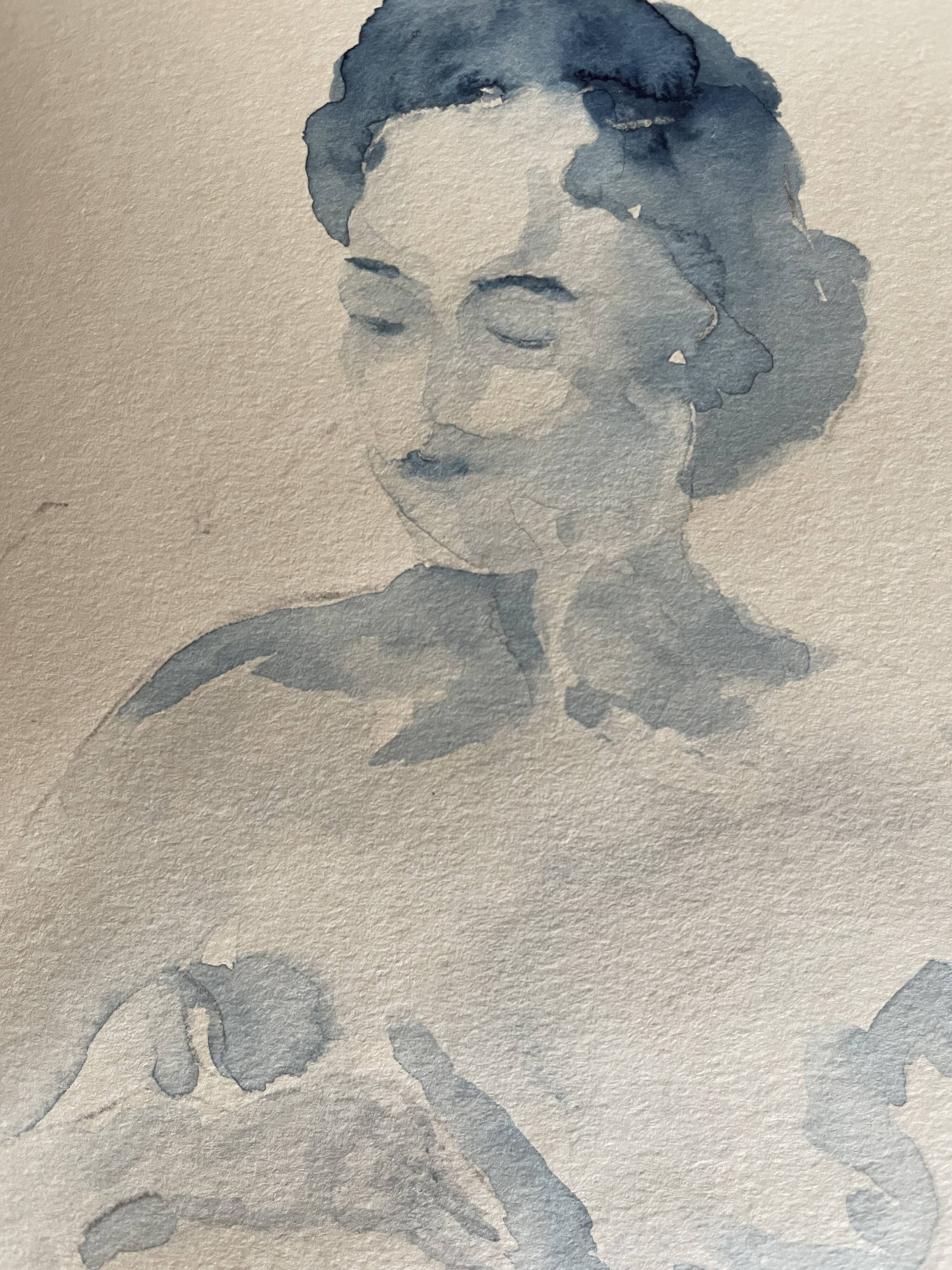 Painting signed monochrome blue black watercolor “seated woman”