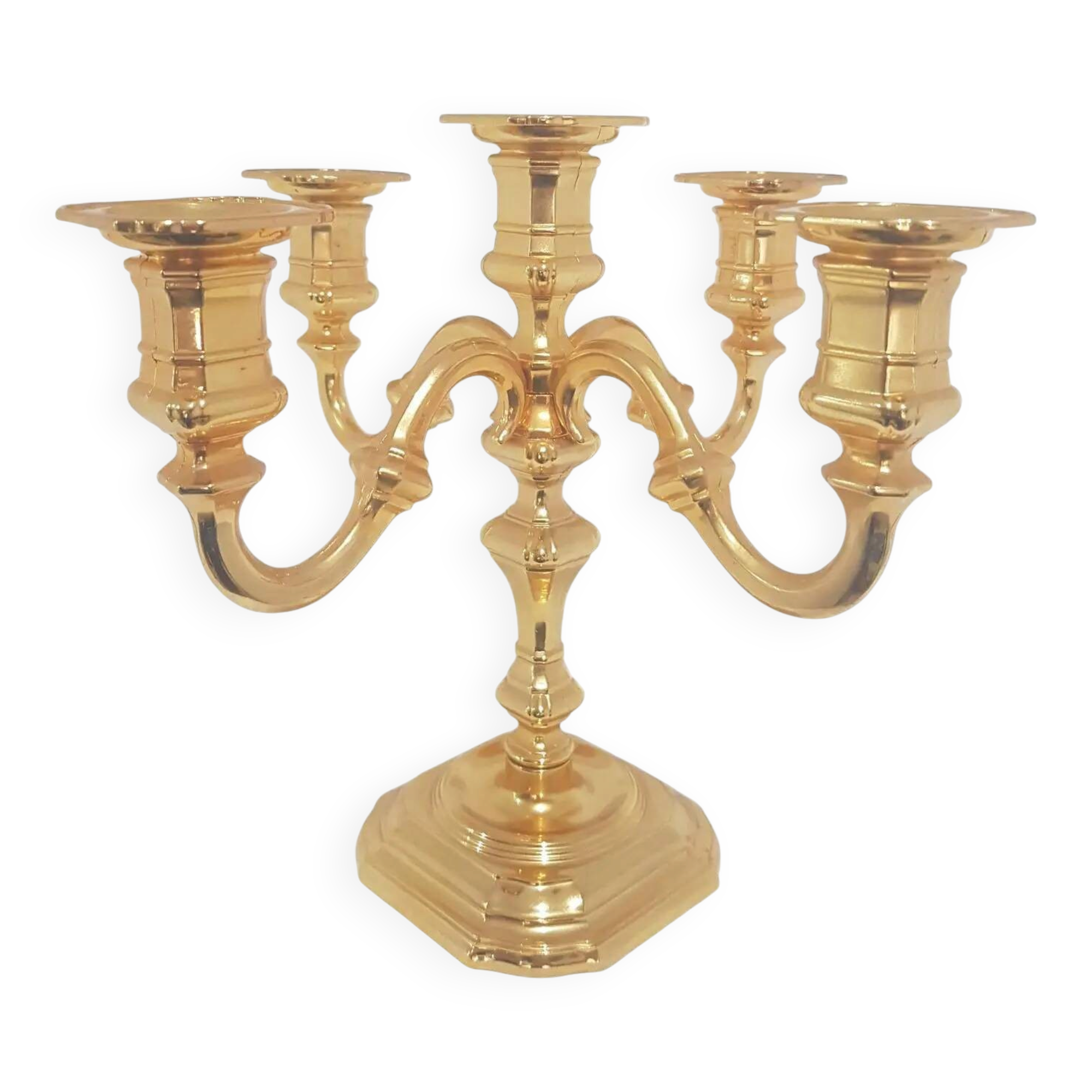 Five-branch chandelier, Hollywood Regency, gilded brass, BMF, Germany, 1960s.