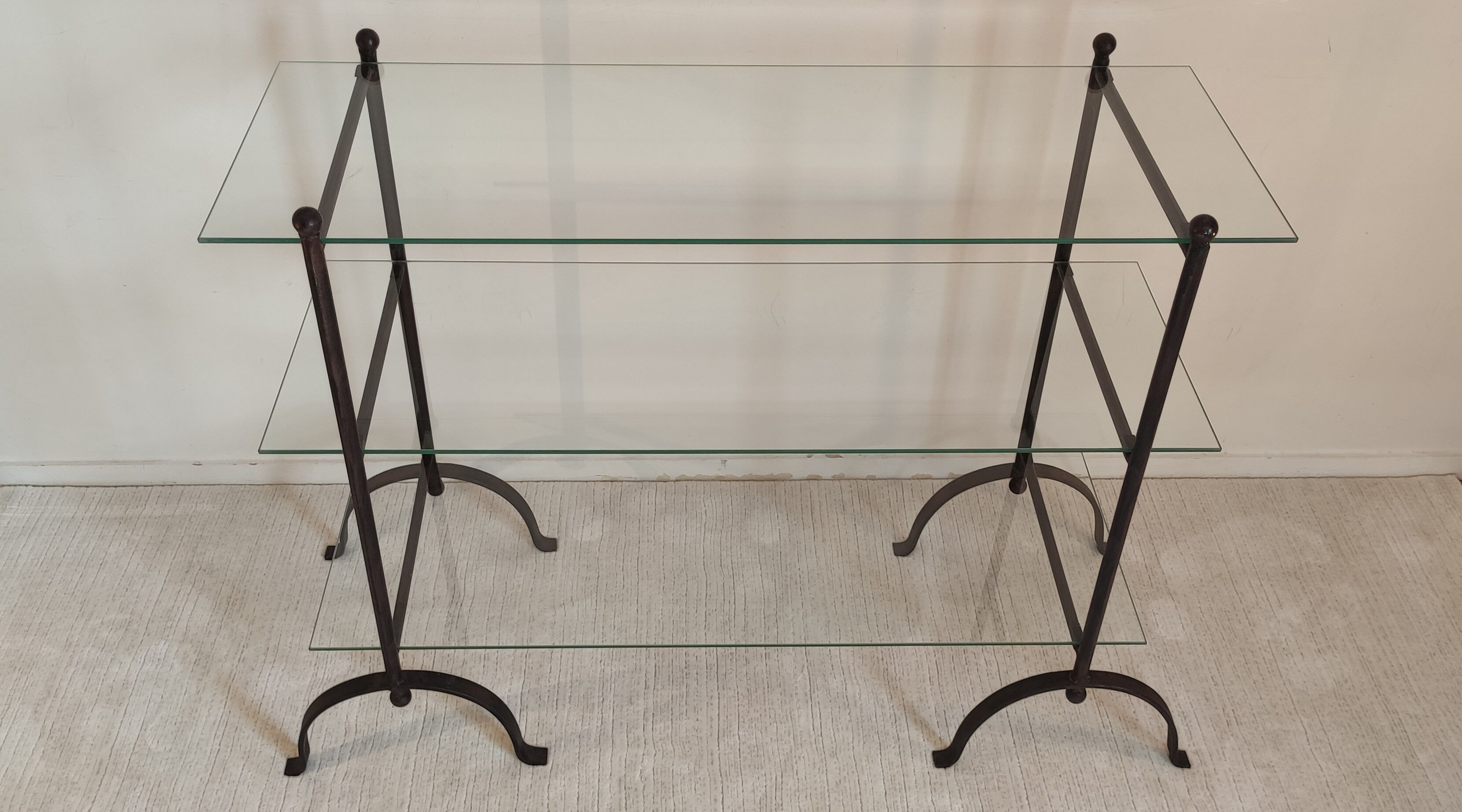Beautiful Console 60'S feet wrought iron trestles with 3 TBEG glass trays