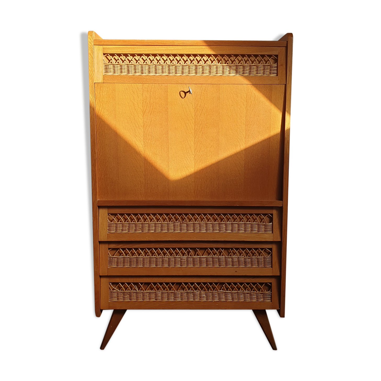 Vintage secretary rattan chest of drawers