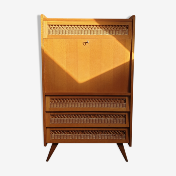 Vintage secretary rattan chest of drawers