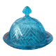 Turquoise glass dish with a dome, vintage glass dish.