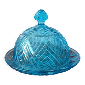 Turquoise glass dish with a dome, vintage glass dish.