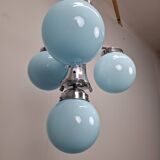 1930s Czech Art Deco Blue Opaline Glass and Chrome Four-Light Chandelier