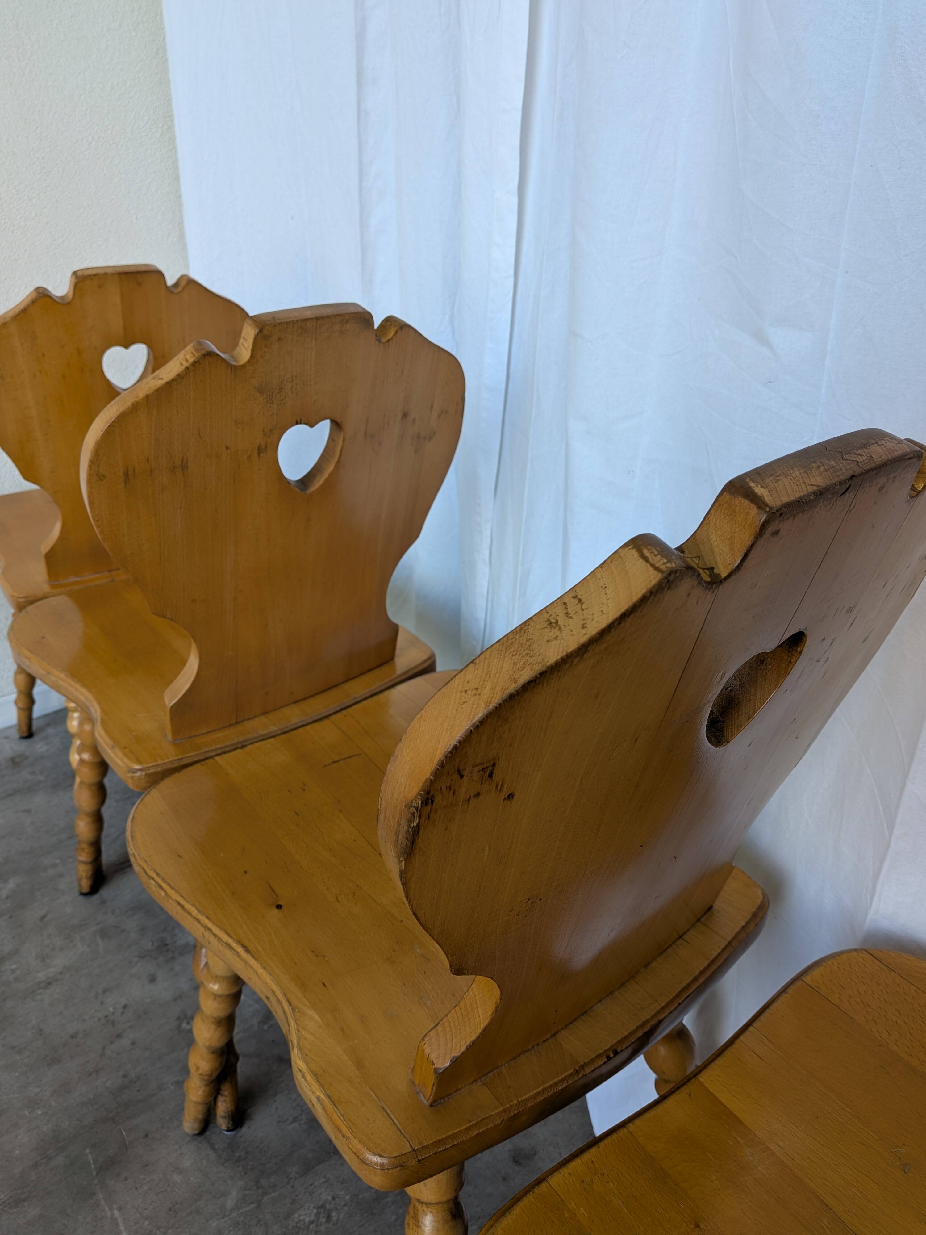 Set of 6 Vintage Tyrolean Heart Cutout Wooden Dining Chairs, Farmhouse