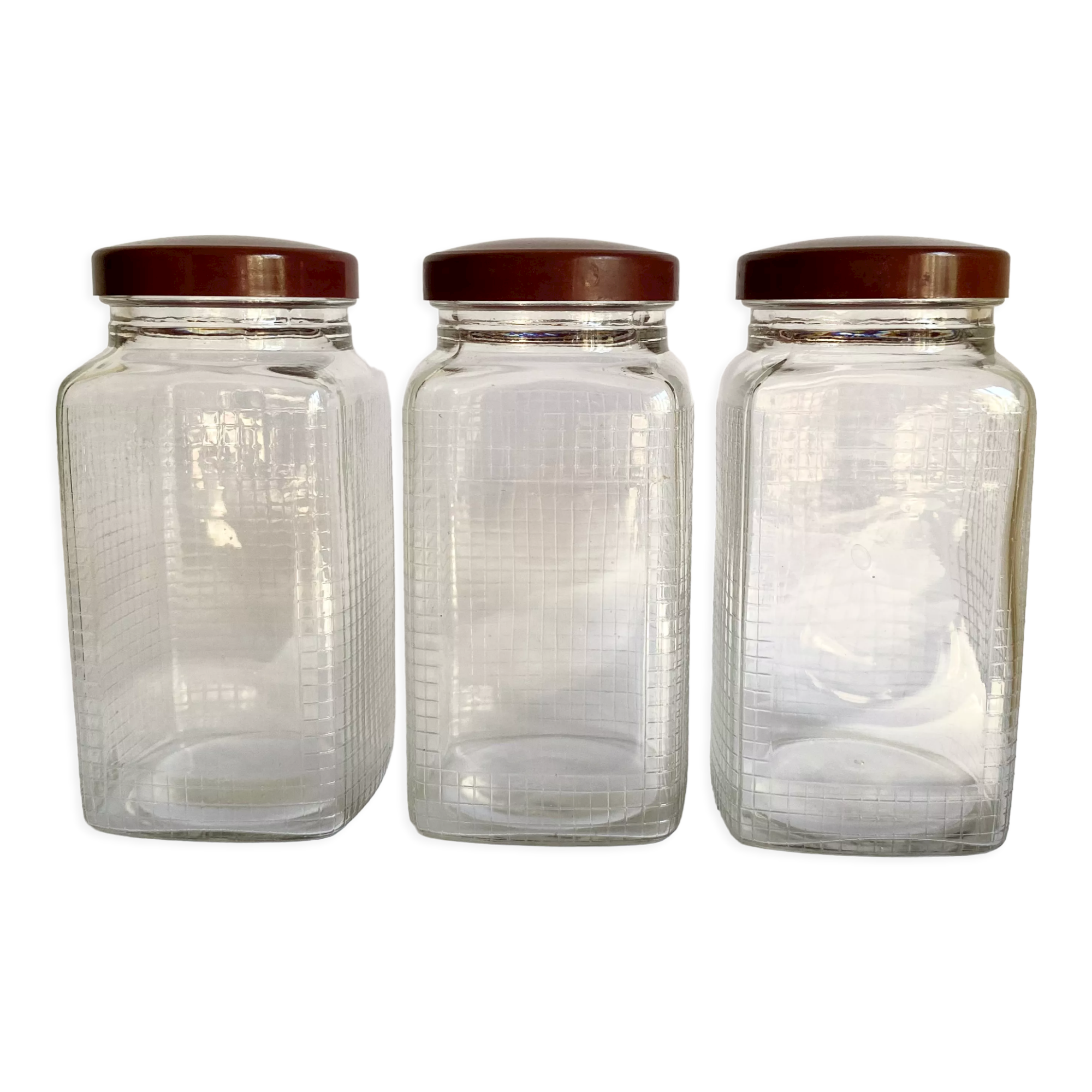 Trio bocaux verre quadrillé bouchon vintage