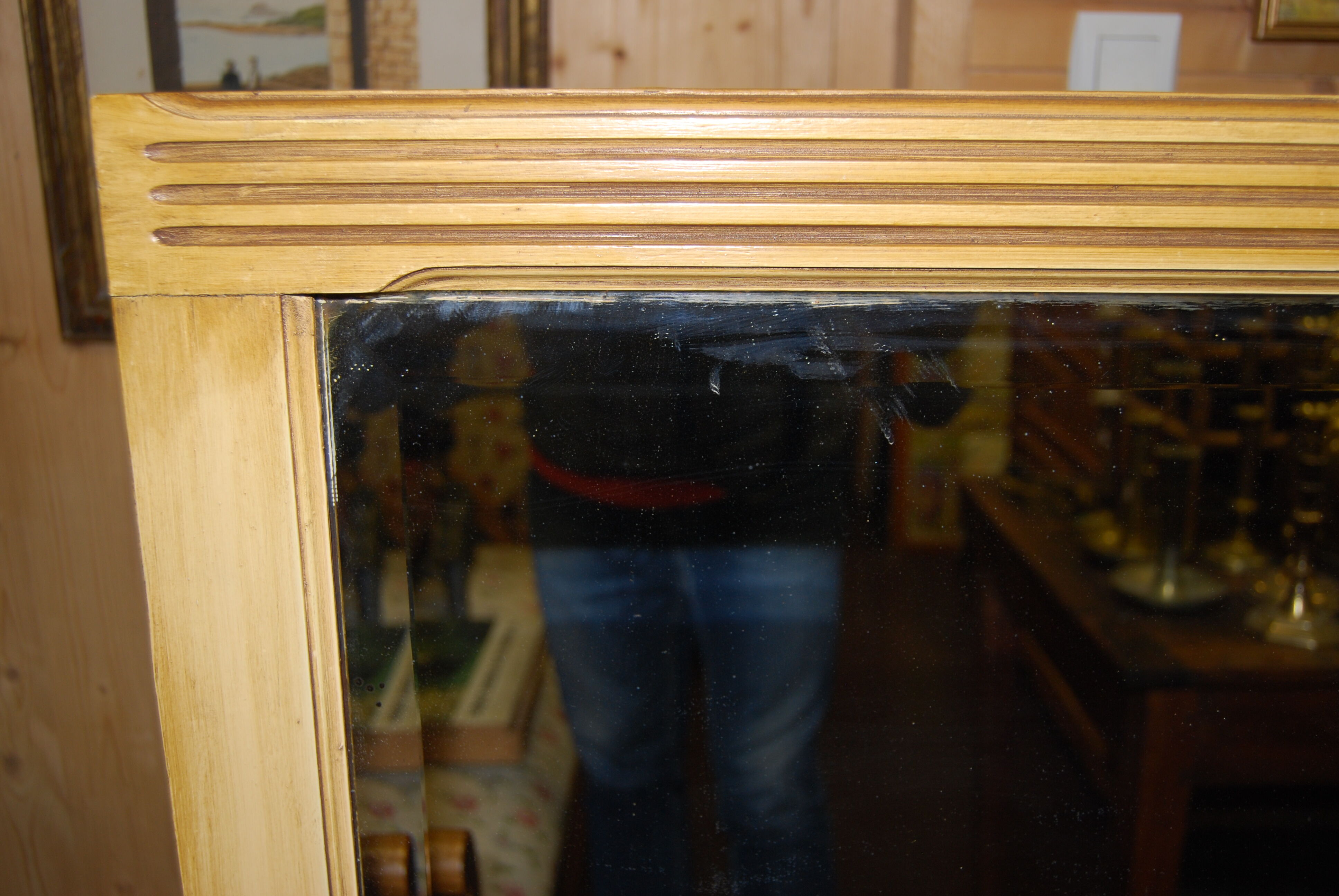 Old rectangular bevelled wall mirror - wooden frame grooves, 164x115cm
