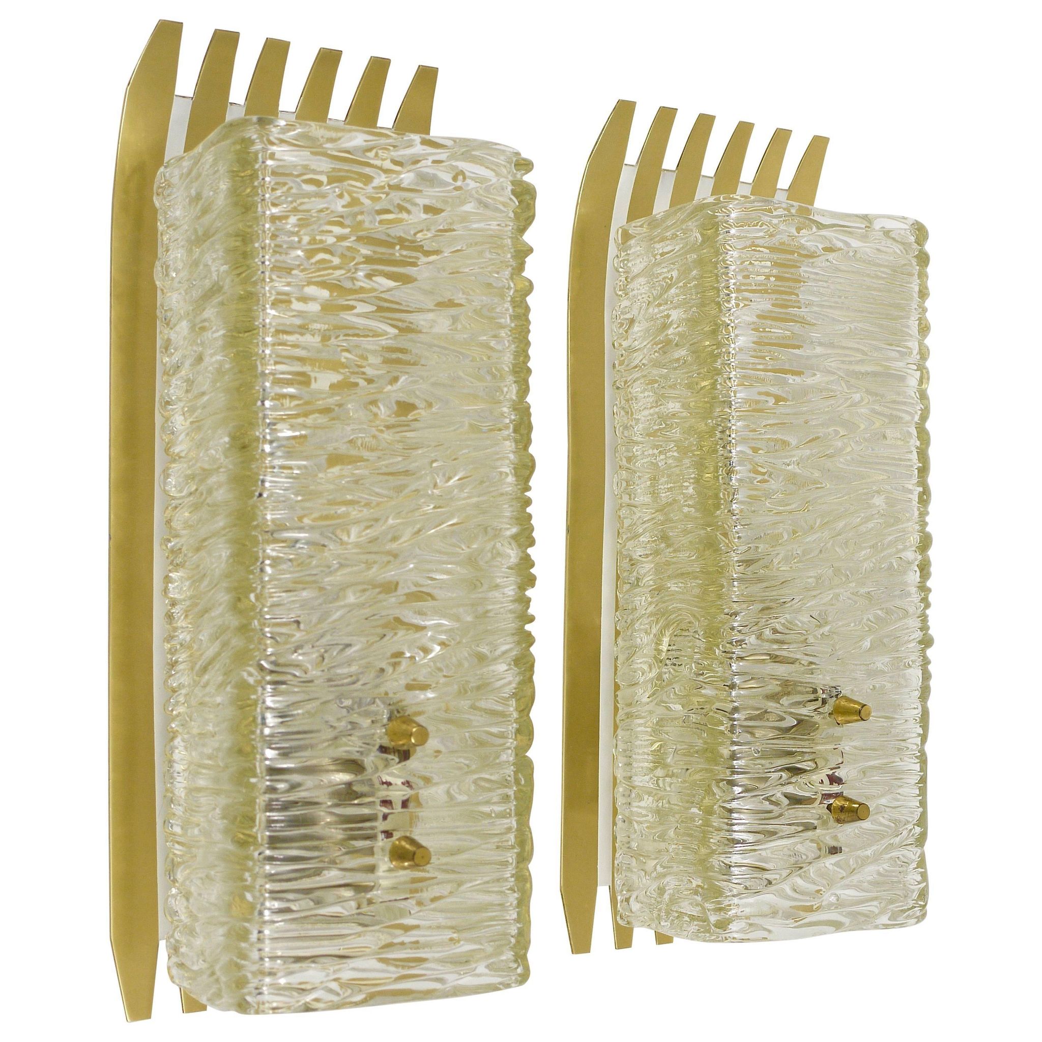 J.T. Kalmar Vienna Pair of Wall Sconces in Brass and Glass, Austria, 1950s