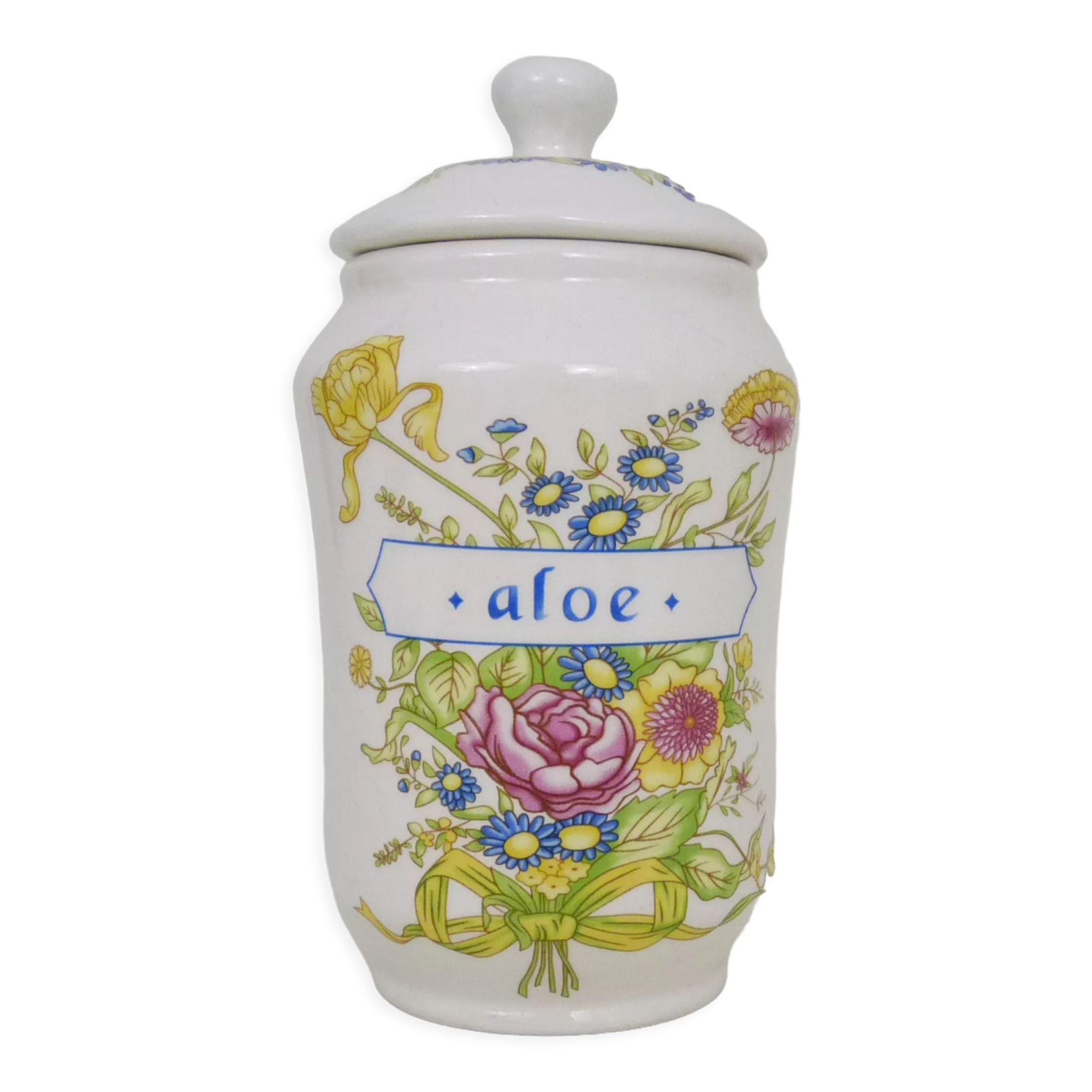 Old apothecary pot, ceramic Aloe medicine jar. Year 70 80