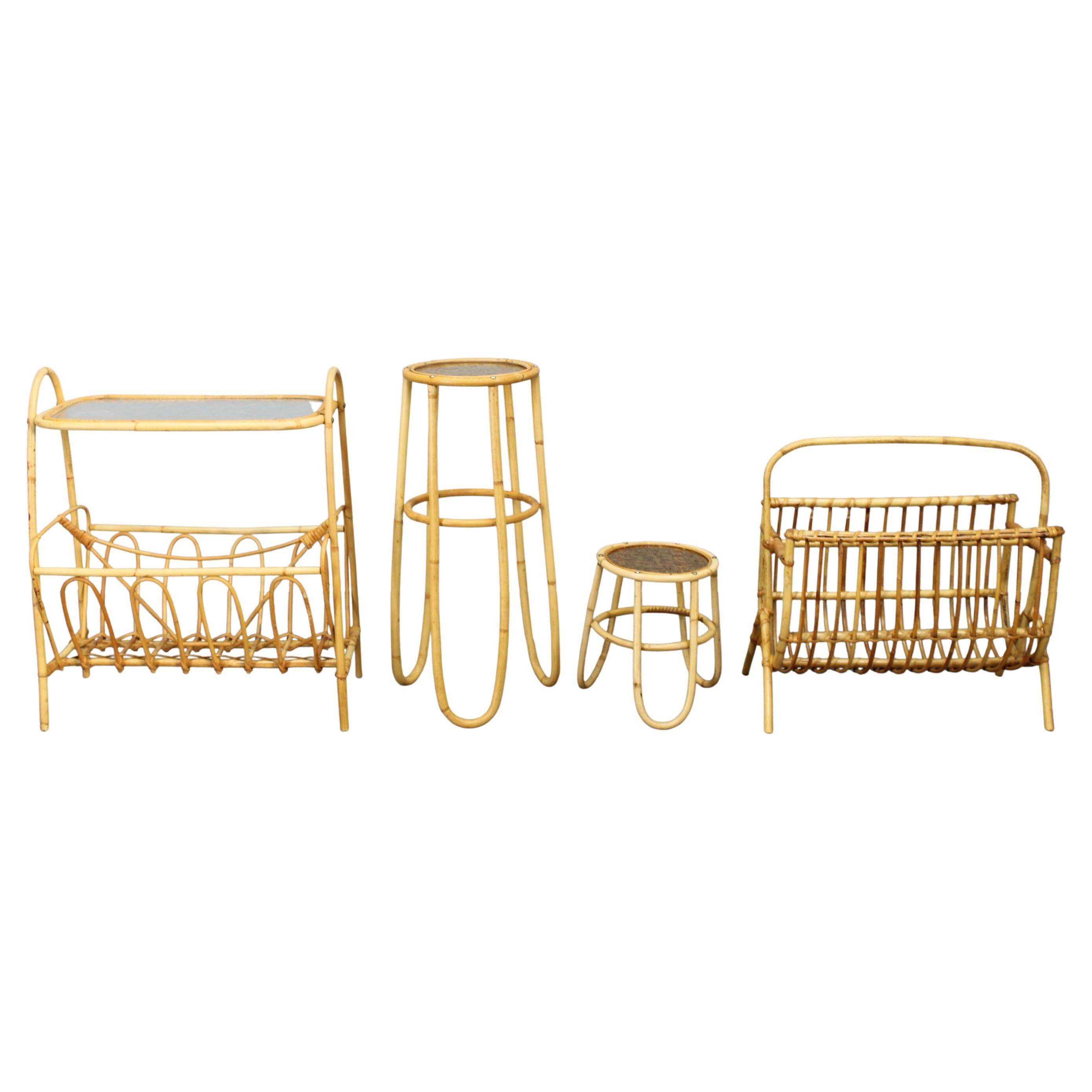Mid-century European rattan accessories set with tables and magazine racks, 1960s
