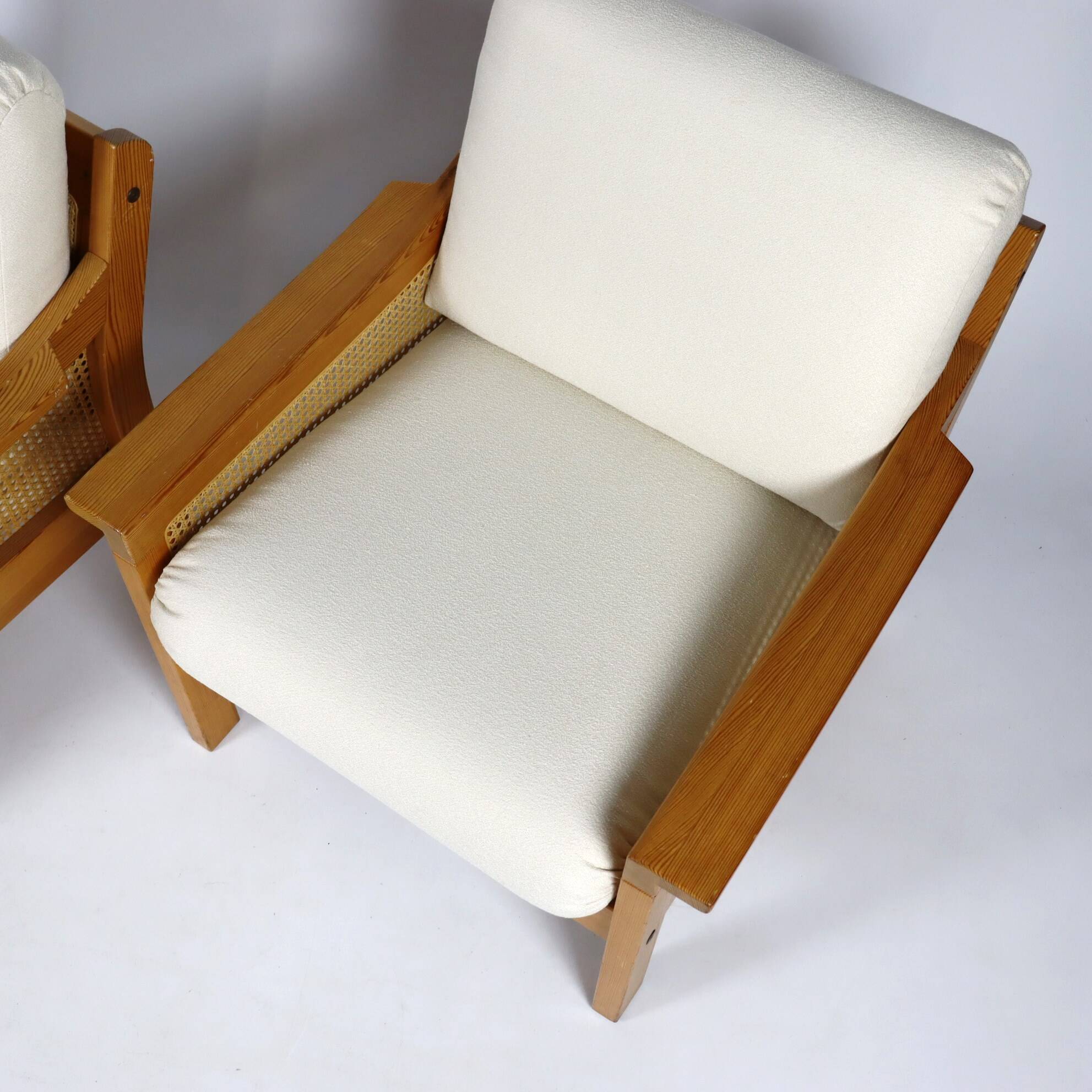 Pair of 70s cane and pine armchairs