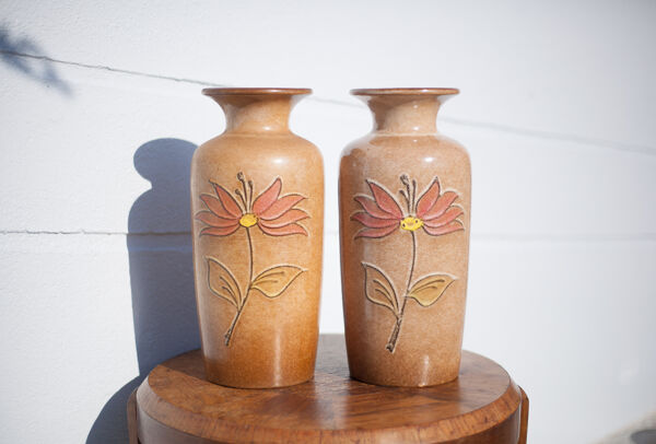 Paire de vase west germany 202-37 vase céramique allemande, pot à fleur, vase motif fleur