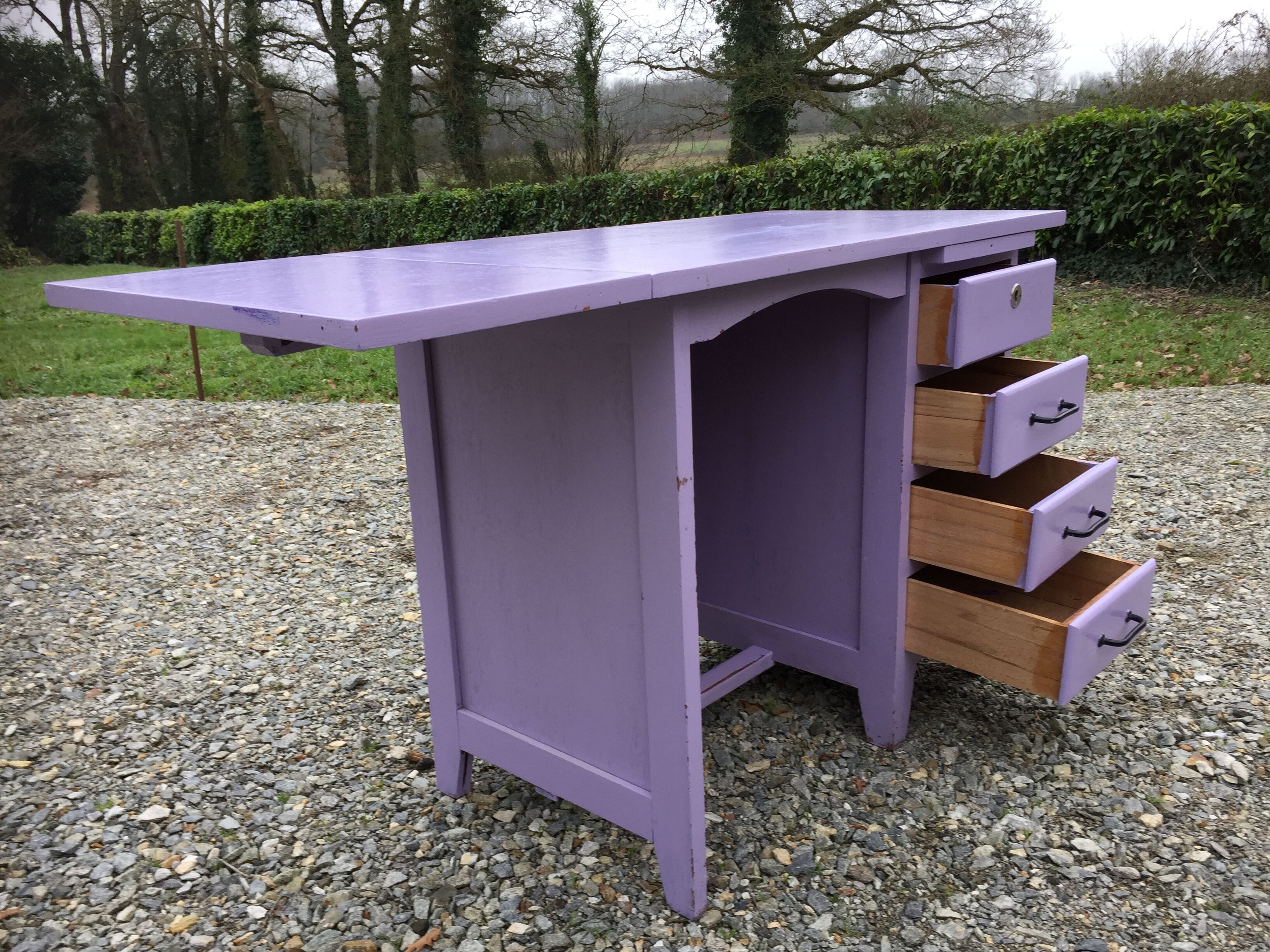 Vintage oak desk with 4 drawers painted in purple.