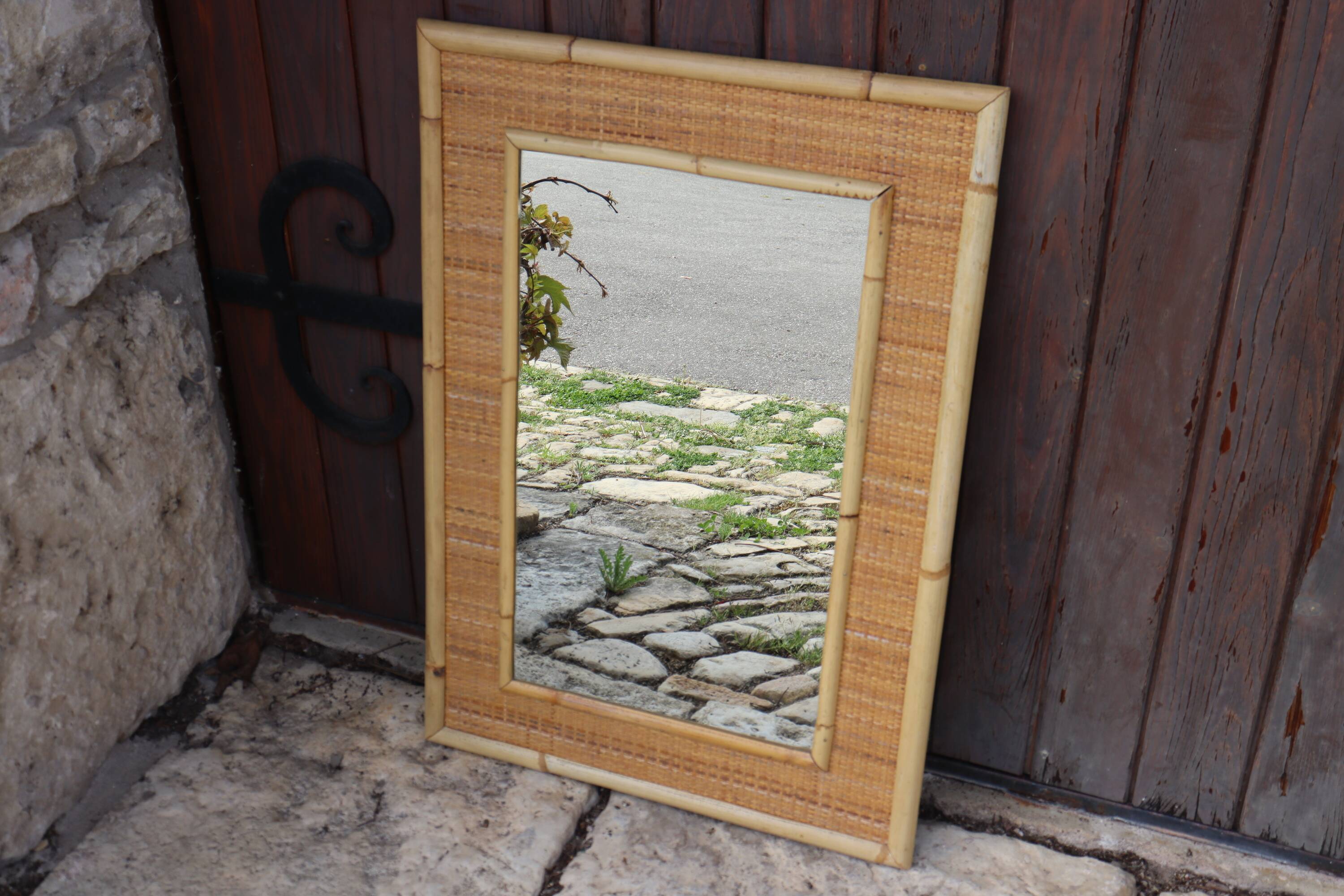Large bamboo rattan mirror by Dal Vera Italy 1970