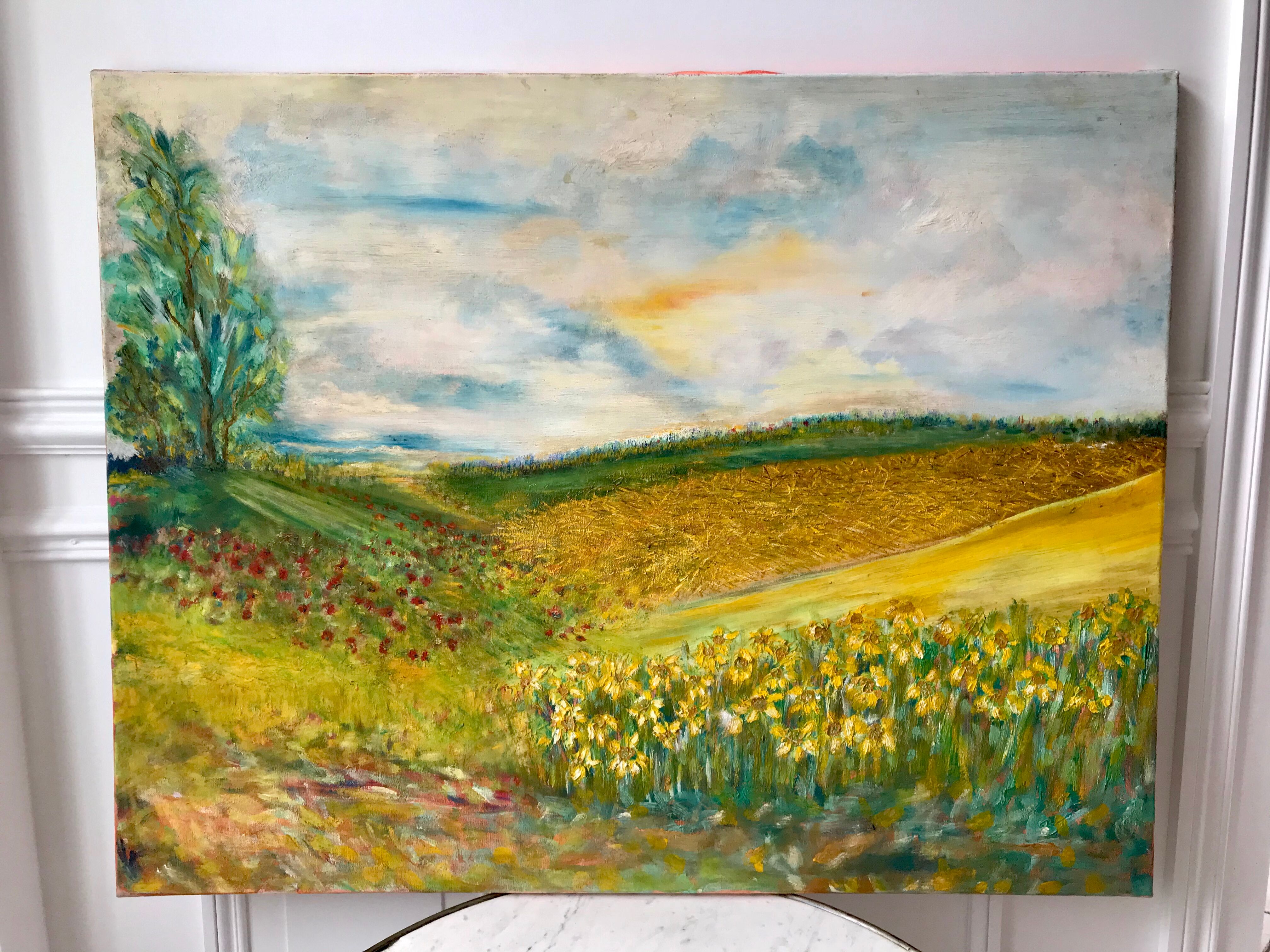 Old oil painting on landscape canvas
